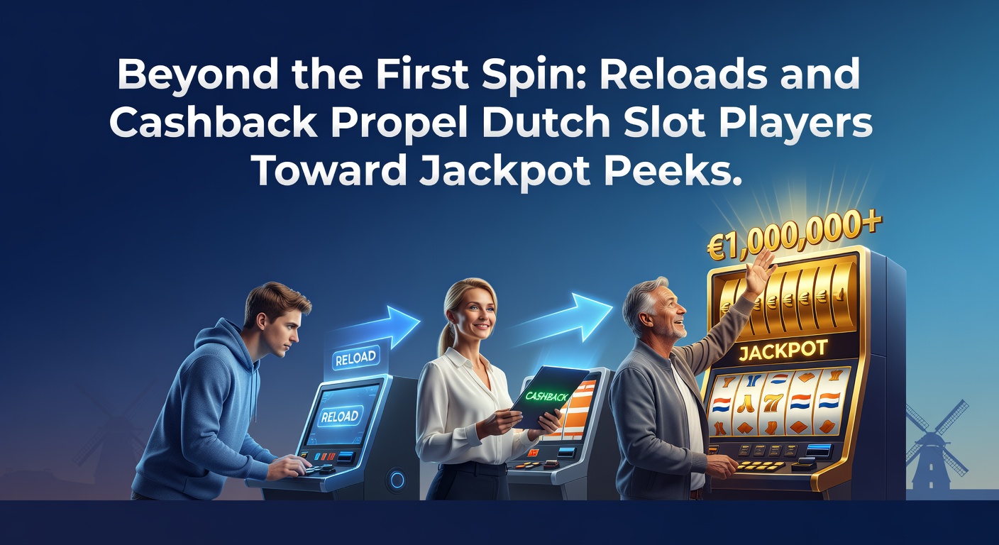 Nederlandse slotspeler viert jackpotwinst met reload bonus op mobiel scherm, terwijl cashback icoontjes oplichten in de achtergrond