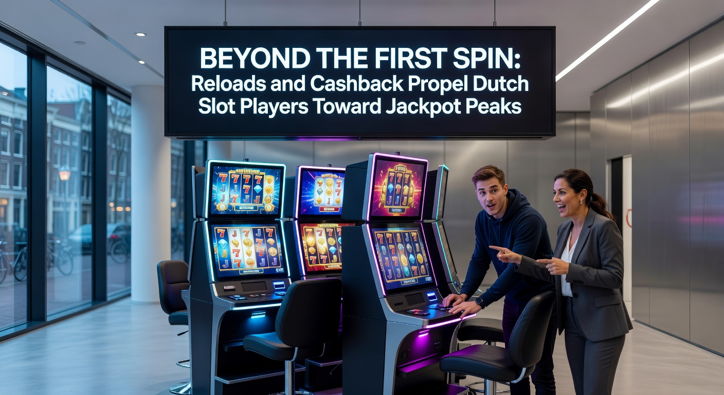 Grafiek toont stijging jackpotwinsten bij gebruik van reloads en cashback onder Nederlandse spelers, met iconen van euromunten en draaiende reels