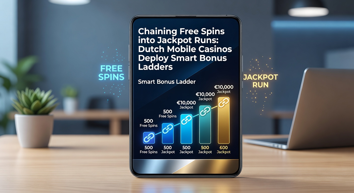 Schermafbeelding van een mobiel casino-app met een bonusladder die free spins chainet naar een jackpot-melding, typisch voor Nederlandse platforms in 2026