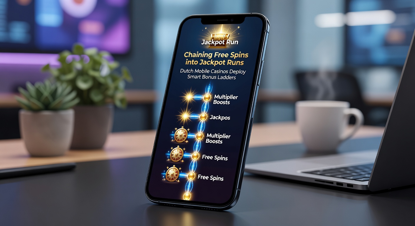 Grafiek met een bonusladderstructuur in een Nederlandse casino-app, illustrerend de chaining van free spins naar jackpot-niveaus met statistieken uit april 2026