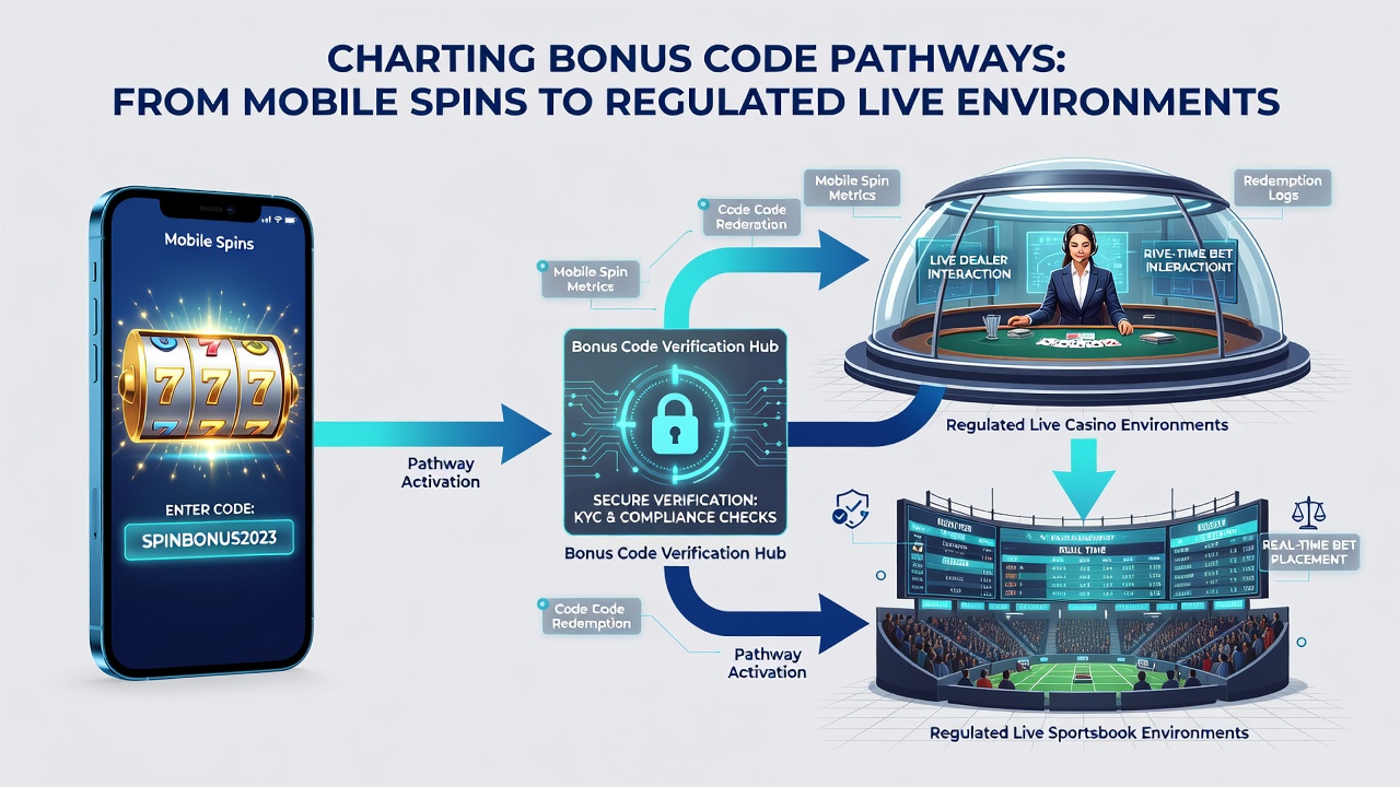 Diagram van bonuscode stromen tussen mobiele en live casino platforms