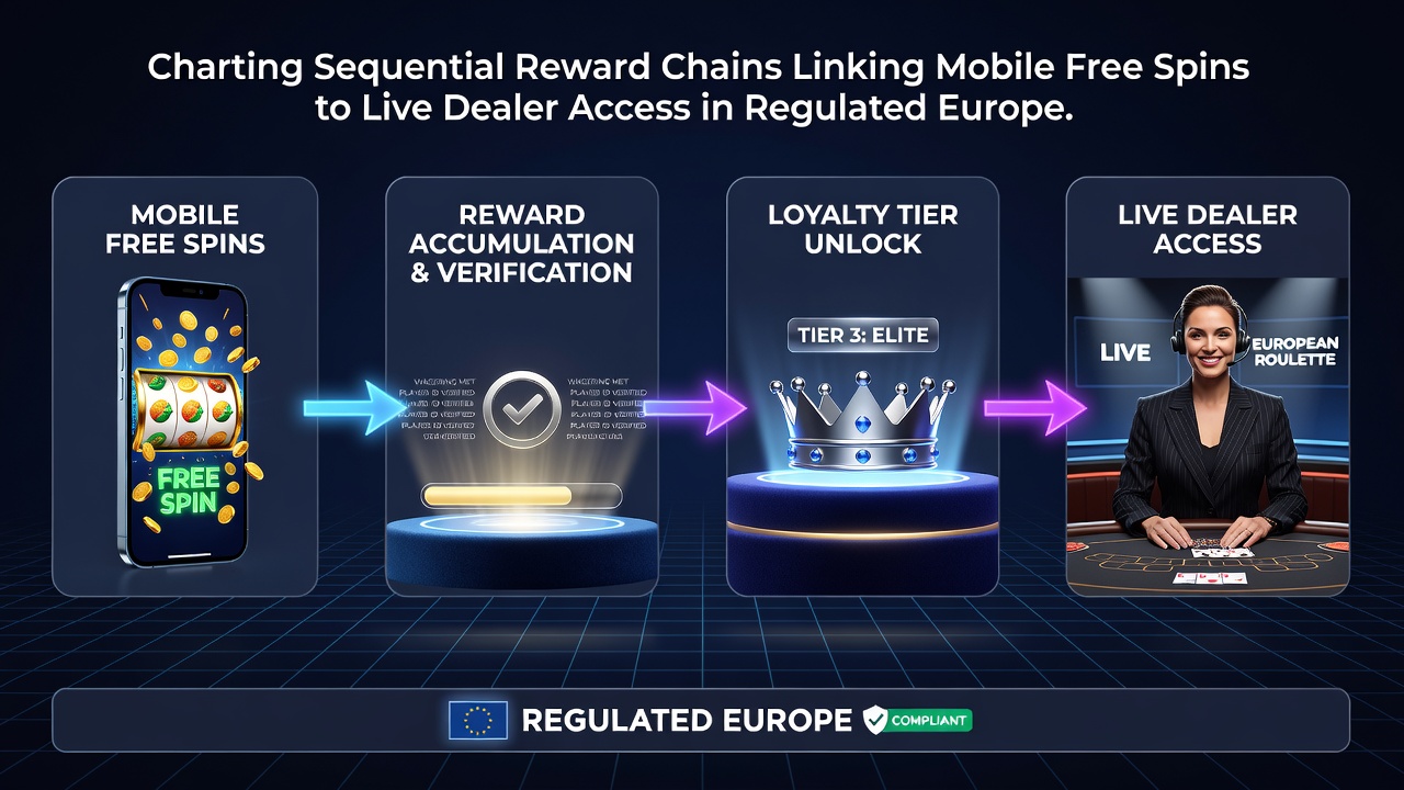 Diagram dat de stroom van mobiele spins naar live dealer sessies illustreert met pijlen en stappen in een Europese casino-context
