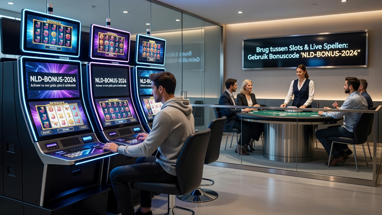 Live dealer tafel in Nederlands online casino met bonus code overlay die overgang van slots toont