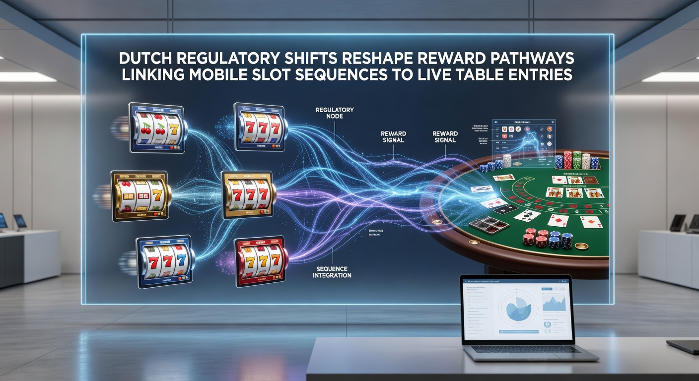 Illustratie van Nederlandse casino regulaties die mobiele slots en live tafels verbinden via bonusstructuren