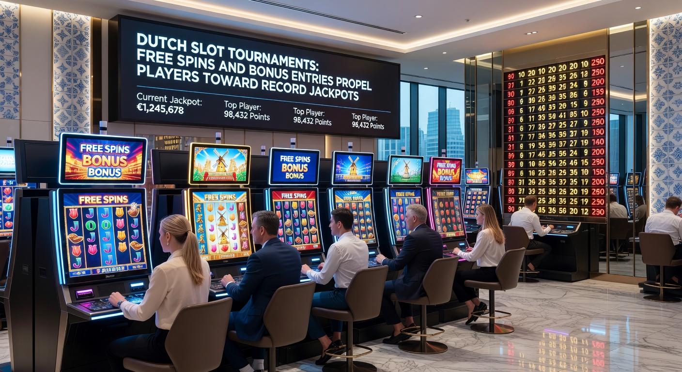 Enthousiaste spelers verzameld rond een bruisend slot toernooi scherm in een Nederlands casino, met jackpot tellers die oplichten
