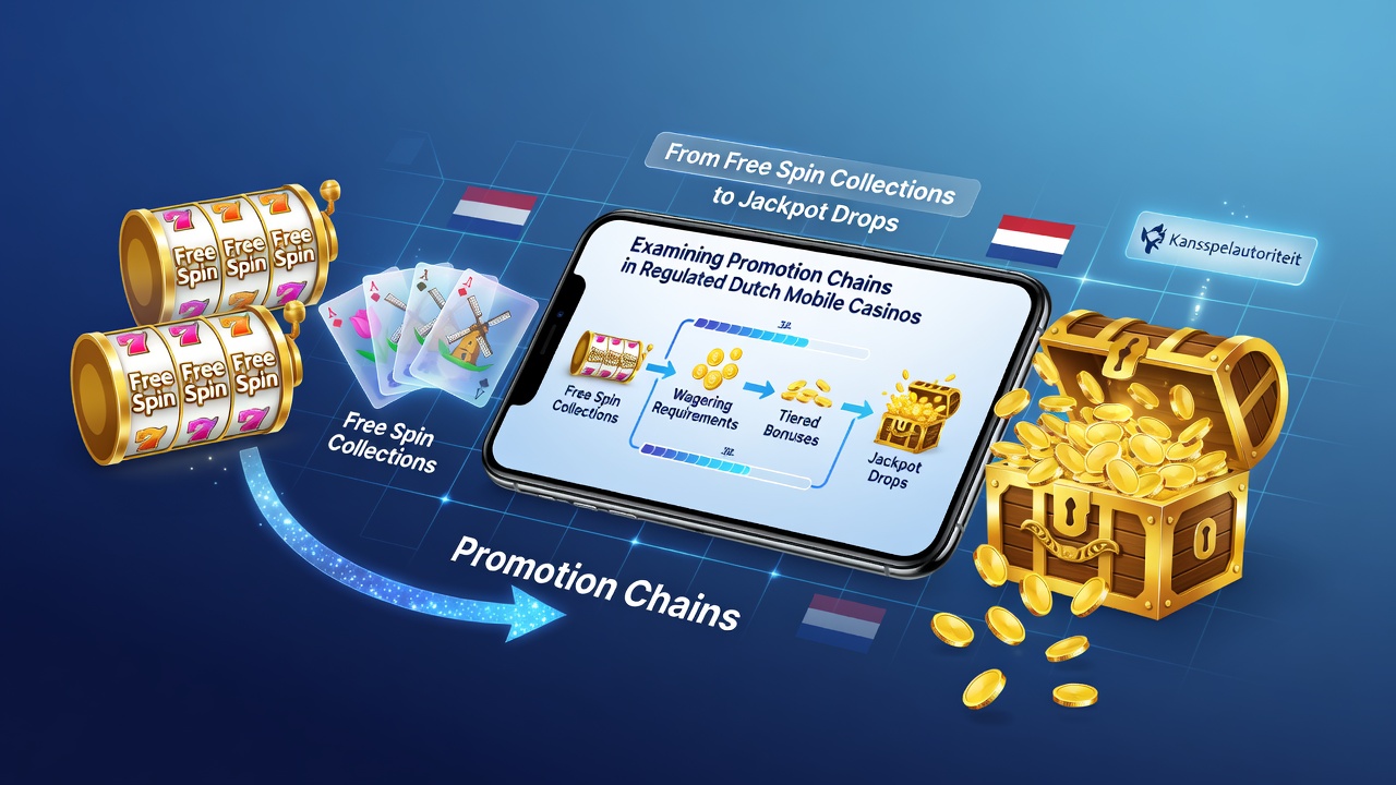Illustratie van promotieketens van gratis spins naar jackpot drops in Nederlandse mobiele casino's