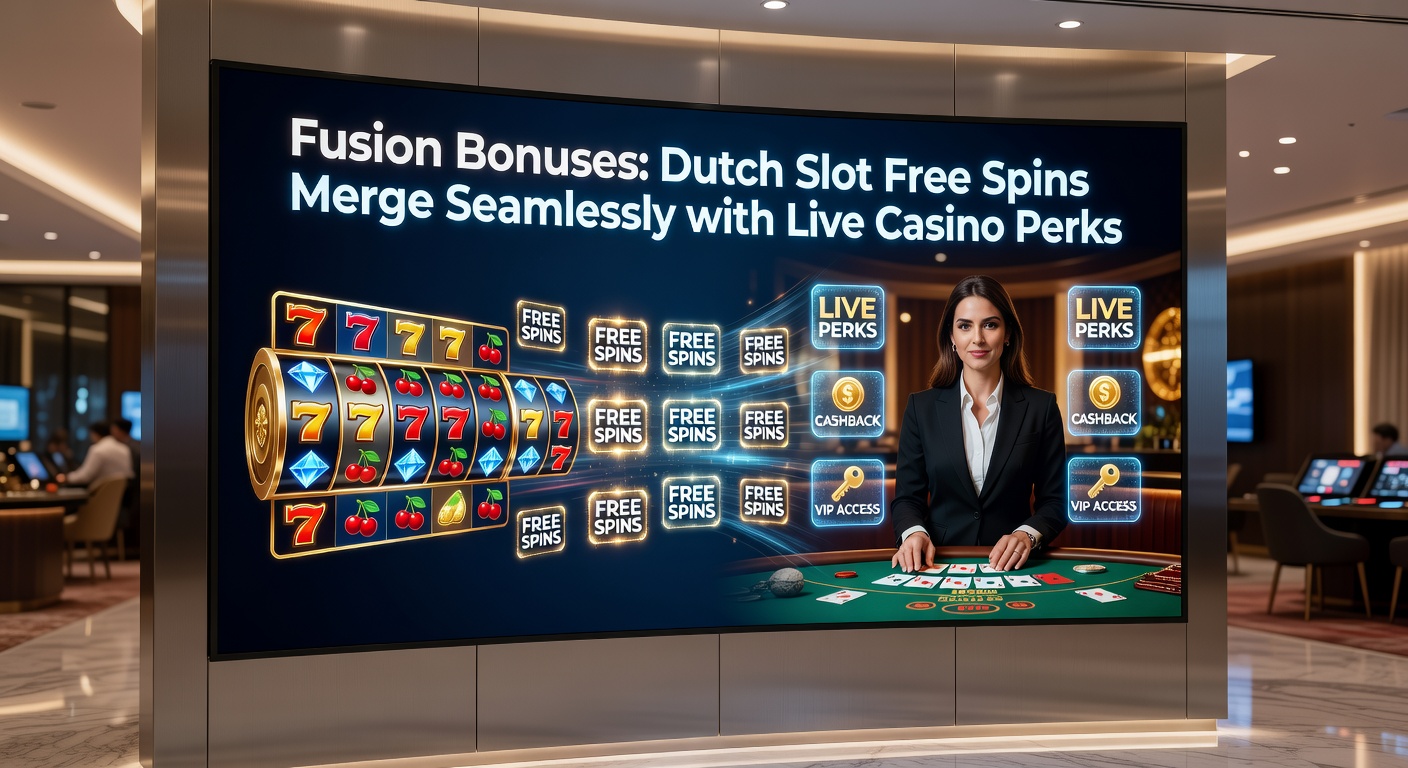 Grafische weergave van fusiebonussen waarbij slotspins overgaan in live casino perks, met Nederlandse vlag en casino-elementen