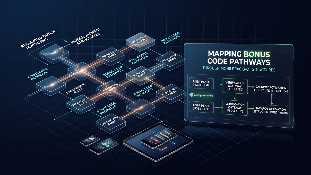 Diagram van mobiele jackpotpaden met bonuscode integratie in Nederlandse casino apps