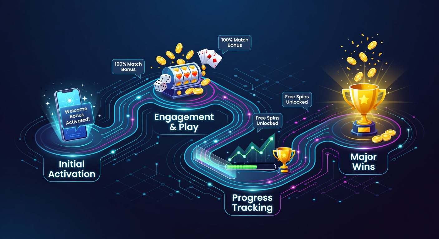 Visuele weergave van de reis van welkomstincentives in mobiele casino applicaties met activatie en winstmogelijkheden