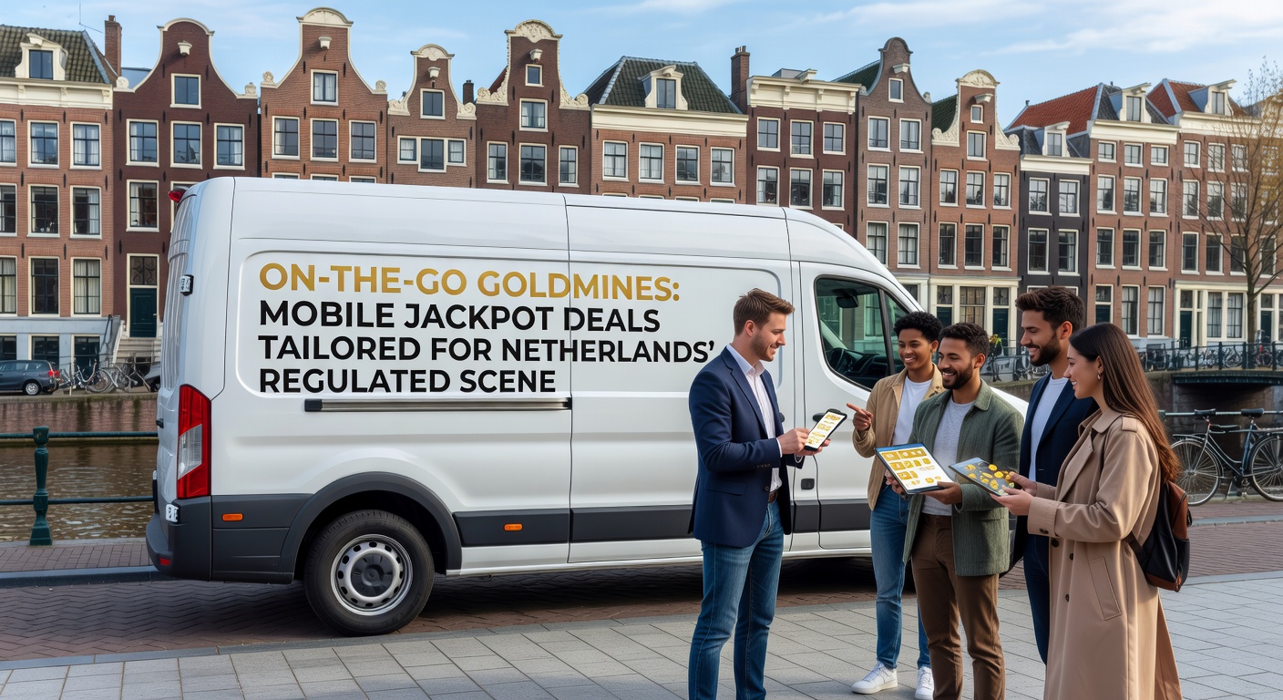 Mobiele telefoon met draaiende gokkast jackpot op een Nederlands straatje, symboliserend onderweg gokken