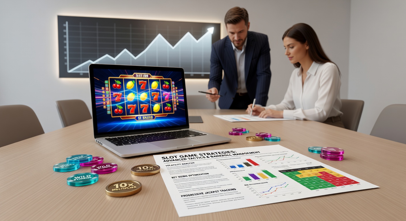 Speler analyseert slotstrategieën op een tablet met grafieken van RTP en volatiliteit naast een draaiende gokkast