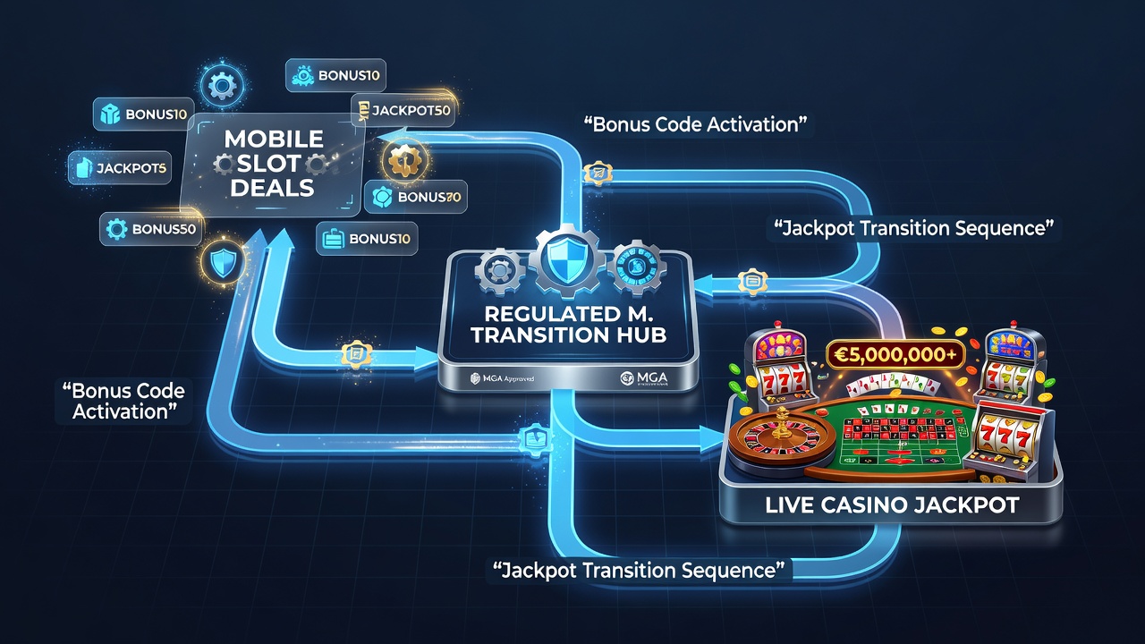 Diagram van mobiele slot deals die overgaan in live casino jackpot transities met bonuscodes